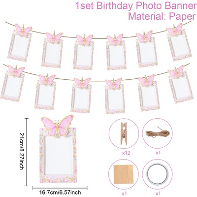 Rózsaszín 1. születésnapi fényképszalag füzér 12 hónapos képkeret szalaghirdetés pillangó egyszarvú fánk egyéves születésnapi parti kellékek
