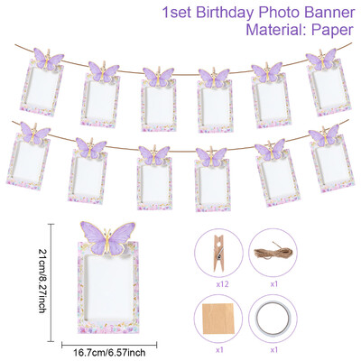 Rózsaszín 1. születésnapi fényképszalag füzér 12 hónapos képkeret szalaghirdetés pillangó egyszarvú fánk egyéves születésnapi parti kellékek