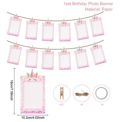 Rózsaszín 1. születésnapi fényképszalag füzér 12 hónapos képkeret szalaghirdetés pillangó egyszarvú fánk egyéves születésnapi parti kellékek
