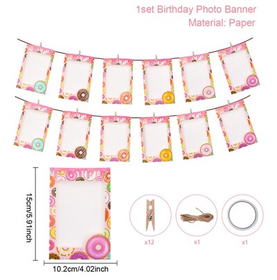 Rózsaszín 1. születésnapi fényképszalag füzér 12 hónapos képkeret szalaghirdetés pillangó egyszarvú fánk egyéves születésnapi parti kellékek