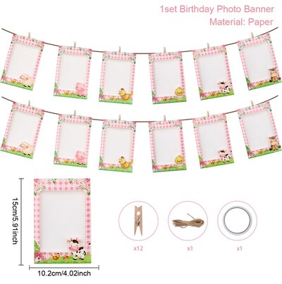 Rózsaszín 1. születésnapi fényképszalag füzér 12 hónapos képkeret szalaghirdetés pillangó egyszarvú fánk egyéves születésnapi parti kellékek