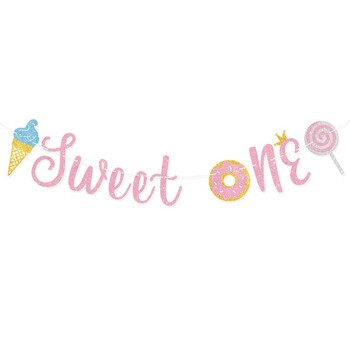 Glitter Sweet Donut Banners Candy Bar SWEET ONE Ice Cream Garland for Baby Shower 1st Girl Birthday Party Decoration