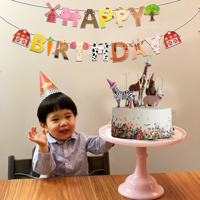 Farm Születésnapi Party Banner Farm Disznó Macska Minta Boldog születésnapot Feliratok Banner Girland Gyerekek Születésnapi Party Dekorációs Kellékek