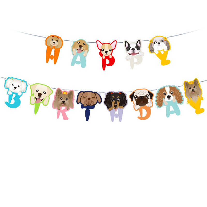 Γελοιογραφία χαριτωμένο πανό ζώων με κουκούτσια χαριτωμένο σκυλί γάτα γατάκι με καπέλο τραβά χαρτί γιρλάντα σημαία παιδική διακόσμηση πάρτι γενεθλίων