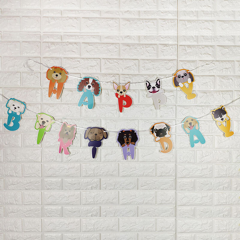 Γελοιογραφία χαριτωμένο πανό ζώων με κουκούτσια χαριτωμένο σκυλί γάτα γατάκι με καπέλο τραβά χαρτί γιρλάντα σημαία παιδική διακόσμηση πάρτι γενεθλίων