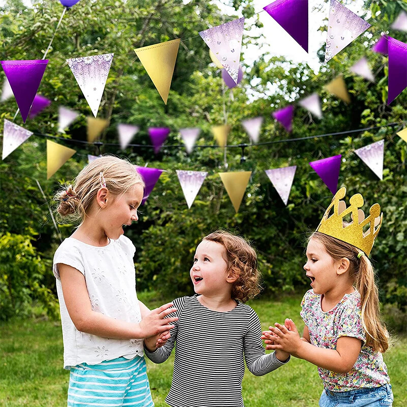 Arany lila fehér levendula esküvői parti zászló zászló papír dekoráció lányoknak születésnapi füzér szalaggal háttér szalagos dekoráció