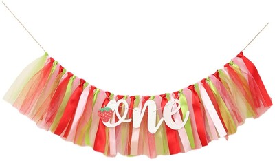 Kislány szalaghirdetés az 1. születésnapra - Etetőszék szalaghirdetés az első babaváró születésnapi dekorációhoz, tüllfüzér zászló