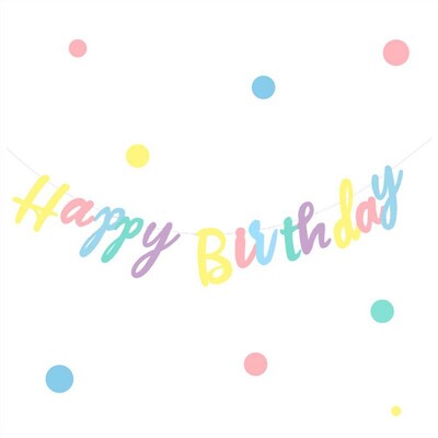 Daudz laimes dzimšanas dienā Reklāmkarogs Pastelis Makarons Krāsaini Burti Vītne Bērniem Zīdaiņiem Pieaugušiem Mājdzīvnieki Dzimšanas dienu ballīšu rotājumi Materiāli