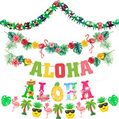 Hawaii Aloha Luau Party Banner Trópusi Pálmalevelek Virágok Flamingó Füzérek Nyári Medence Beach Születésnapi parti dekoráció