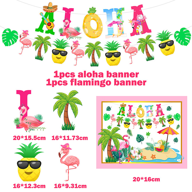 Hawaii Aloha Luau Party Banner Trópusi Pálmalevelek Virágok Flamingó Füzérek Nyári Medence Beach Születésnapi parti dekoráció