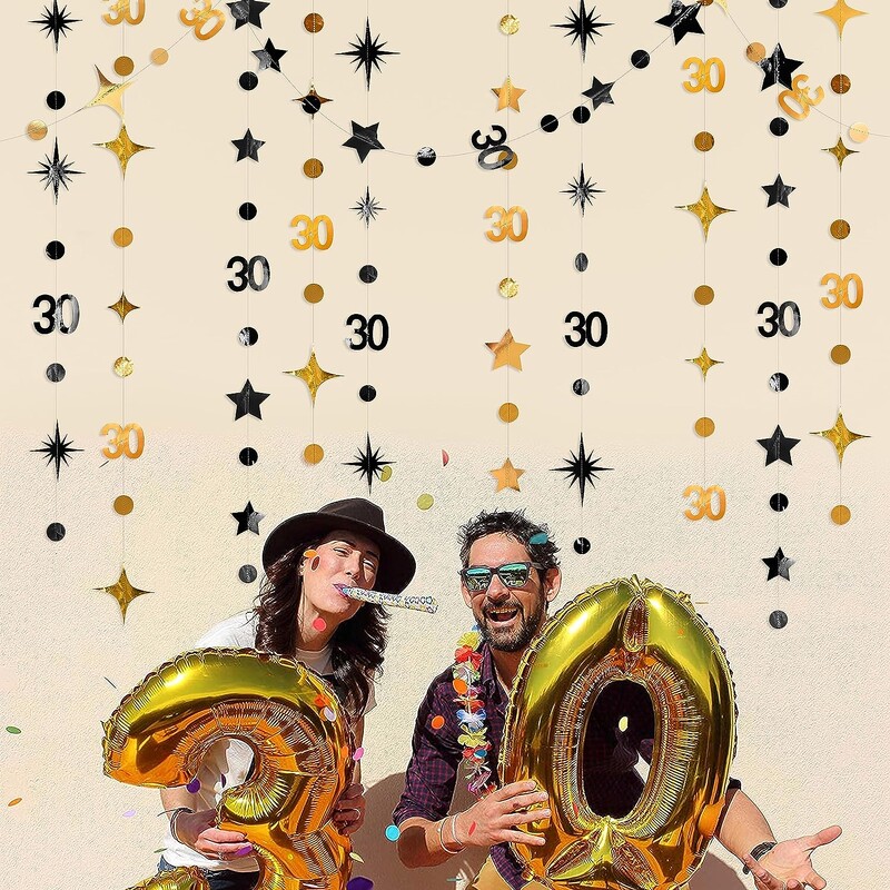 Fekete arany 30. születésnapi díszek 30-as szám, körpöttyös, csillogó csillagfüzér boldog, piszkos 30 éves harmincéves partikellékekhez