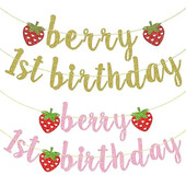 Sweet Strawberry Theme One 1st Birthday Glitter Banner Flags Garland for Baby Shower First Birthday Party Photo Props Διακόσμηση