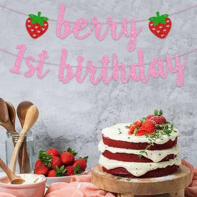 Sweet Strawberry Theme One 1st Birthday Glitter Banner Flags Garland for Baby Shower First Birthday Party Photo Props Διακόσμηση