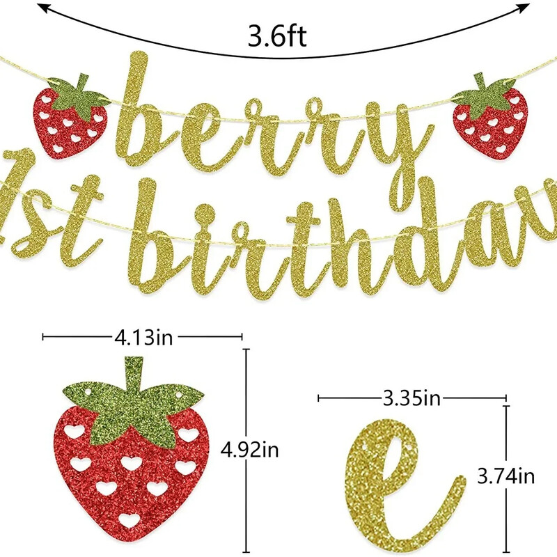 Sweet Strawberry Theme One 1st Birthday Glitter Banner Flags Garland for Baby Shower First Birthday Party Photo Props Διακόσμηση