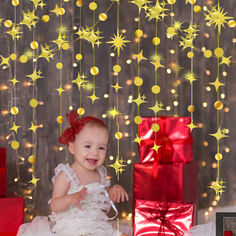 Arany Twinkle Star Boldog születésnapot Banner Díszek Kis négyágú csillag papírfüzér Nem Reveal Dodecagon Star Streamers