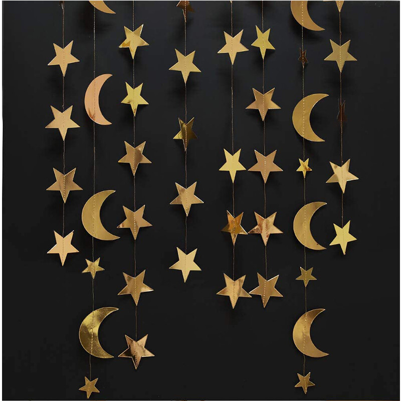 Arany Twinkle Star Boldog születésnapot Banner Díszek Kis négyágú csillag papírfüzér Nem Reveal Dodecagon Star Streamers