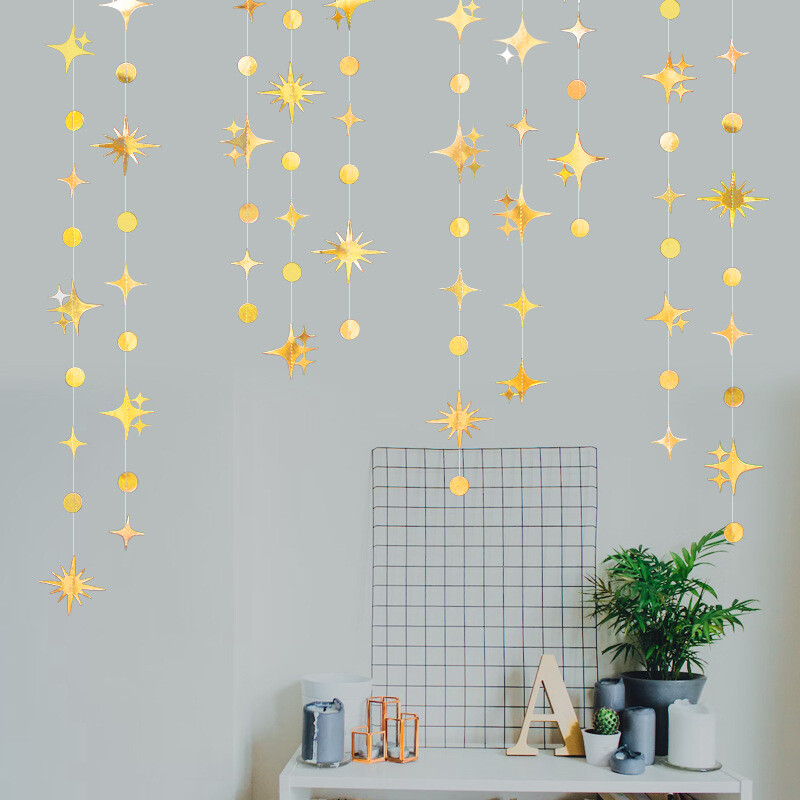 Arany Twinkle Star Boldog születésnapot Banner Díszek Kis négyágú csillag papírfüzér Nem Reveal Dodecagon Star Streamers