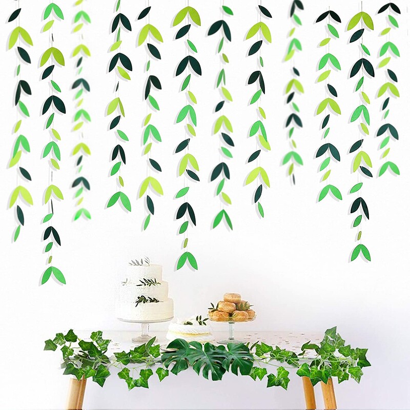 13 láb tavaszi nyár témájú zöld leveles füzér buli díszek papír függő levelek transzparens születésnapi esküvői kirakat dekorációhoz