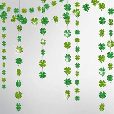 St.patricks Day Party Διακοσμήσεις Πράσινα φύλλα Glitter Τριφύλλι Τριφύλλι αλυσίδα με κορδόνια Κρεμαστές γιρλάντες Ιρλανδική διακόσμηση για πάρτι γενεθλίων