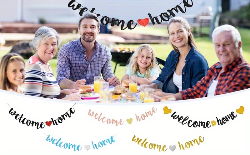 Üdvözöljük otthon Banner dekorációk Fekete csillogó otthoni parti táblák Dekoratív zászlók katonai hazatérés tematikus parti kellékeihez