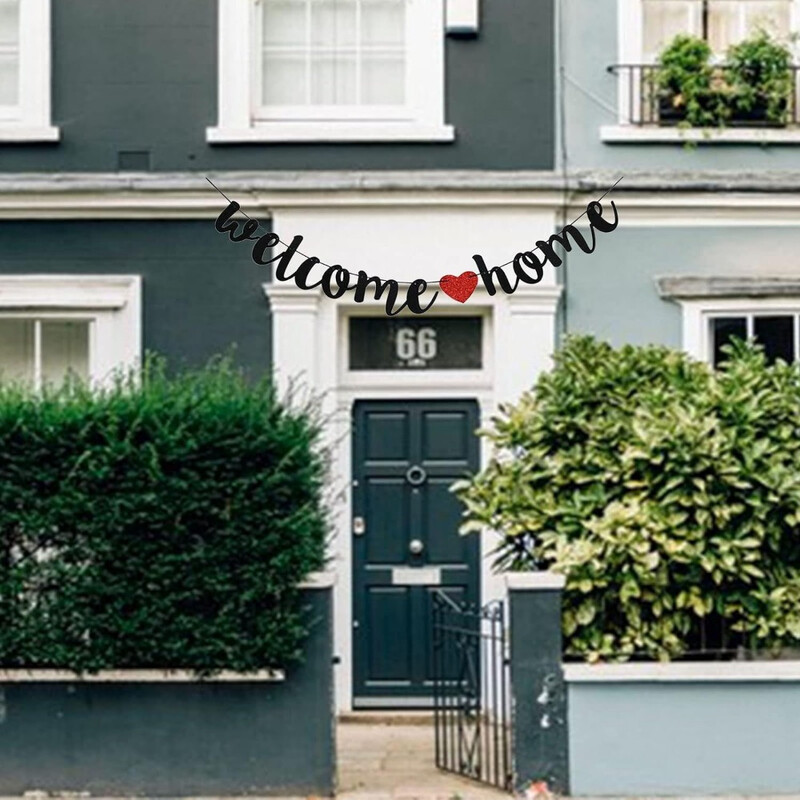 Üdvözöljük otthon Banner dekorációk Fekete csillogó otthoni parti táblák Dekoratív zászlók katonai hazatérés tematikus parti kellékeihez