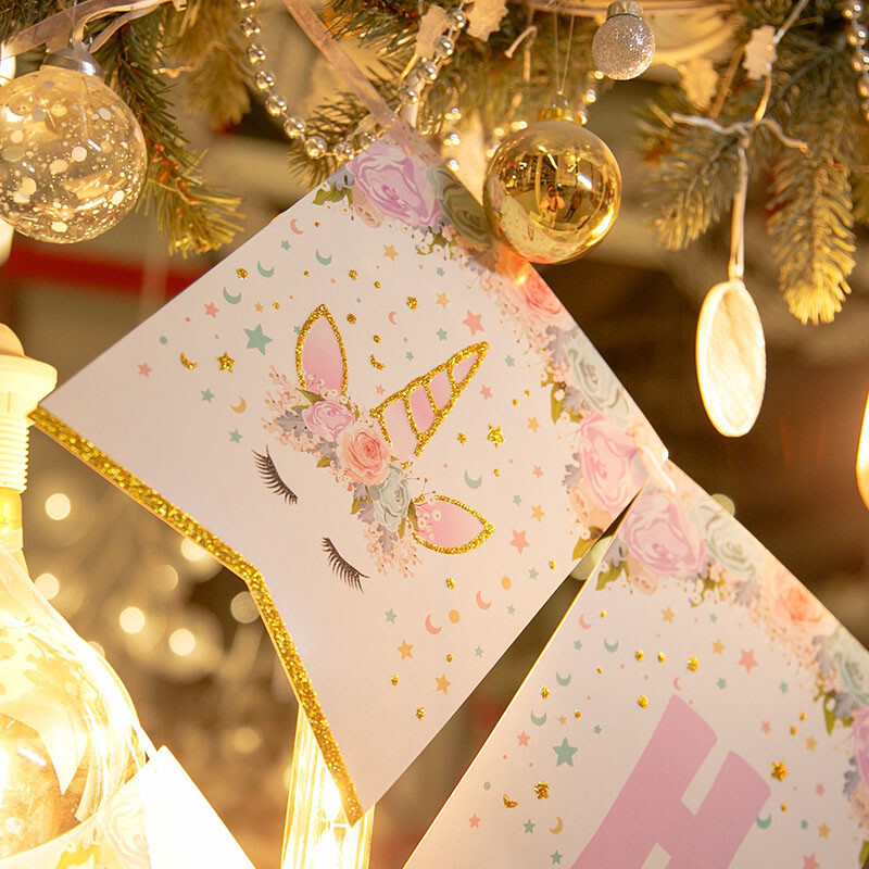 1σετ ροζ Gillter Unicorn Διακοσμητικά για πάρτι γενεθλίων Χαρτί γιρλάντα Χρόνια πολλά Διακοσμητικά για παιδικά πάρτι