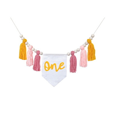 1PC INS Baby Shower ONE Aukštos kėdės reklamjuostė berniukui mergaitei 1-ojo vaiko gimtadienio rankų darbo medinių karoliukų girliandos vilnos dekoracijos