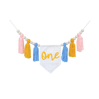 1PC INS Baby Shower ONE Aukštos kėdės reklamjuostė berniukui mergaitei 1-ojo vaiko gimtadienio rankų darbo medinių karoliukų girliandos vilnos dekoracijos