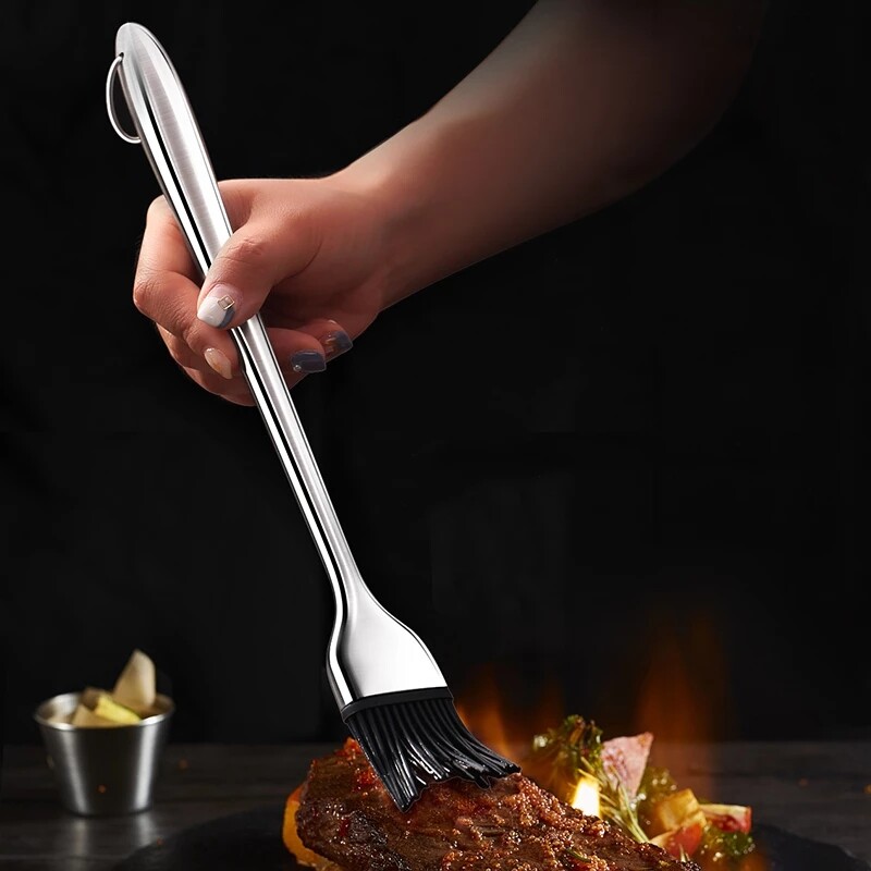 Silikoninis kepsninės šepetėlis iš nerūdijančio plieno rankenos konditerijos šepetys be BPA kepsnių kalakutienos aliejaus šepetys virtuvės medaus sviesto šepečiai