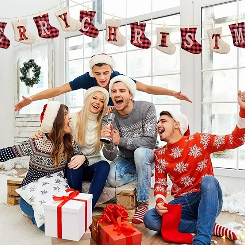 Karácsonyi Banner Rusztikus Díszek Fadíszek Formázott Karácsonyi Díszek Beltéri Vidám Party piros kockás betűk zokni zászlók