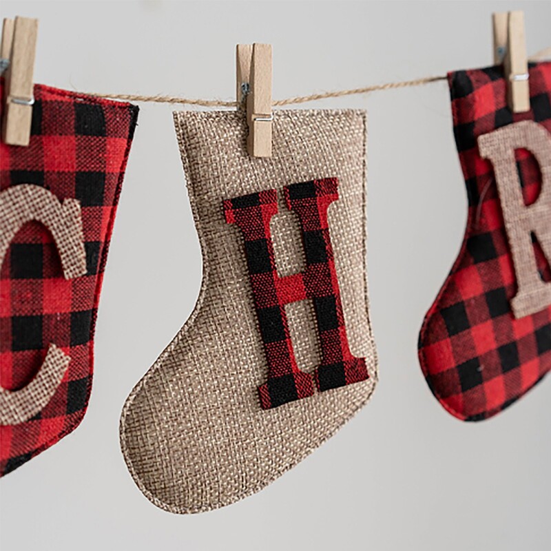 Karácsonyi Banner Rusztikus Díszek Fadíszek Formázott Karácsonyi Díszek Beltéri Vidám Party piros kockás betűk zokni zászlók