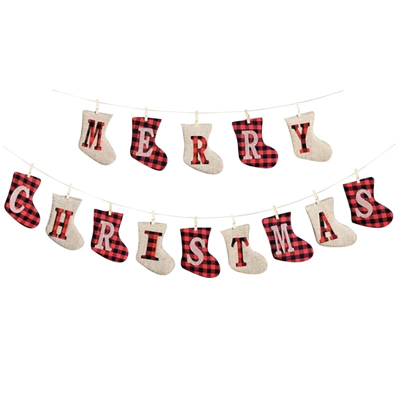 Karácsonyi Banner Rusztikus Díszek Fadíszek Formázott Karácsonyi Díszek Beltéri Vidám Party piros kockás betűk zokni zászlók