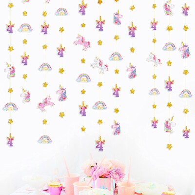 Unicorn 4th Rainbow Star Girland Birthday Banner Decor for Rainbow Girls Number 4 4 Years Happy Birthday Party Decorations