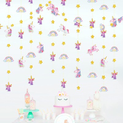 Egyszarvú 4. szivárványcsillag füzér születésnapi szalagdísz a 4. számú szivárványos lányoknak, 4 éves boldog születésnapi parti díszek