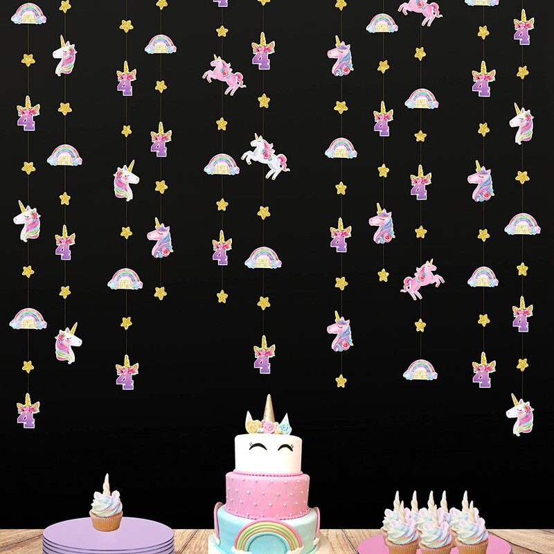 Egyszarvú 4. szivárványcsillag füzér születésnapi szalagdísz a 4. számú szivárványos lányoknak, 4 éves boldog születésnapi parti díszek