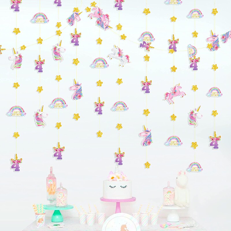 Egyszarvú 4. szivárványcsillag füzér születésnapi szalagdísz a 4. számú szivárványos lányoknak, 4 éves boldog születésnapi parti díszek