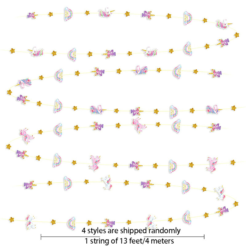 Egyszarvú 4. szivárványcsillag füzér születésnapi szalagdísz a 4. számú szivárványos lányoknak, 4 éves boldog születésnapi parti díszek