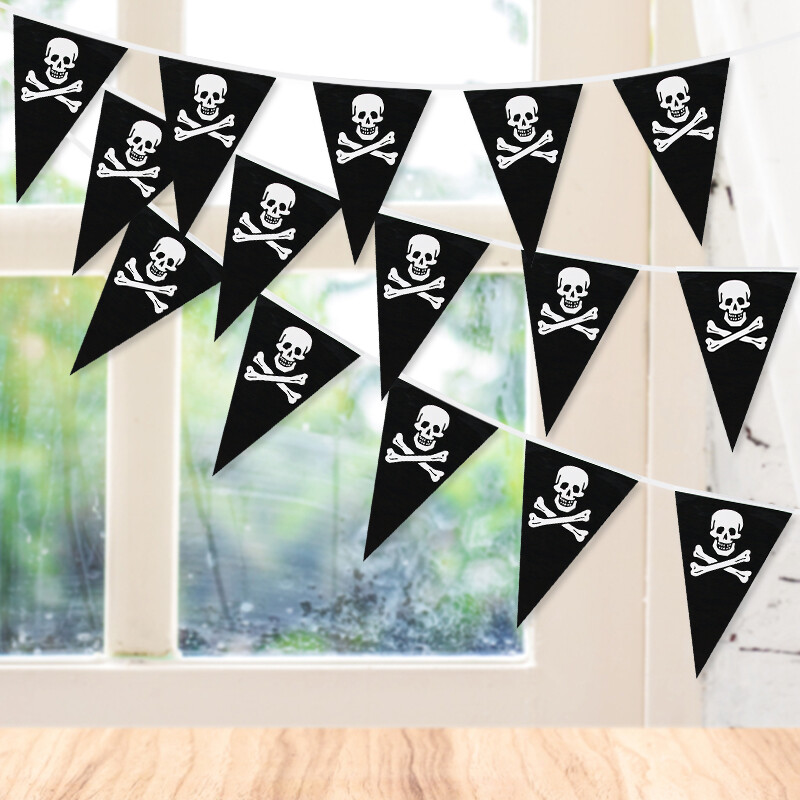 5 méteres kalóz témájú születésnapi parti dekoráció szalaghirdetés kalózkoponya zászlós zászlók Függő füzér Hallloween parti húzós zászló dísz