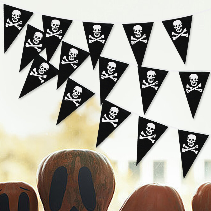 5 méteres kalóz témájú születésnapi parti dekoráció szalaghirdetés kalózkoponya zászlós zászlók Függő füzér Hallloween parti húzós zászló dísz