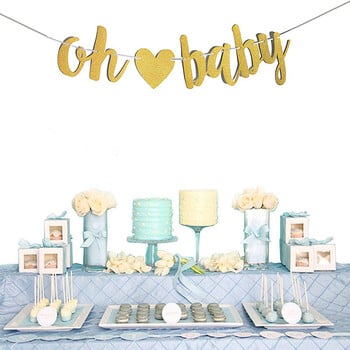 Банер със златен блясък Oh Baby Baby Shower със сърце за декорации за разкриване на пола на бебето