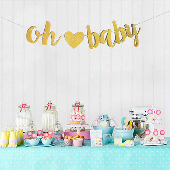 Банер със златен блясък Oh Baby Baby Shower със сърце за декорации за разкриване на пола на бебето