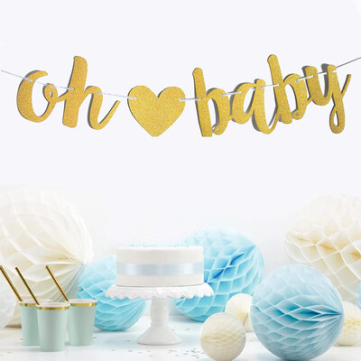 Banner pentru baby shower cu sclipici auriu Oh Baby cu inimă pentru decorațiuni de petrecere dezvăluite de gen