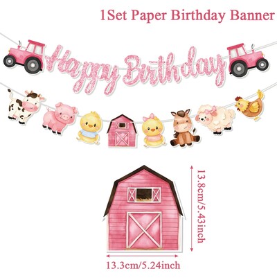 Ροζ Θέμα Ζώα Φάρμας Χρόνια Πολλά με γράμματα Πανό Τραβήξτε σημαία για την ημέρα των παιδιών Διακόσμηση ντους μωρού Αχυρώνας Ανεμόμυλος Ζώο