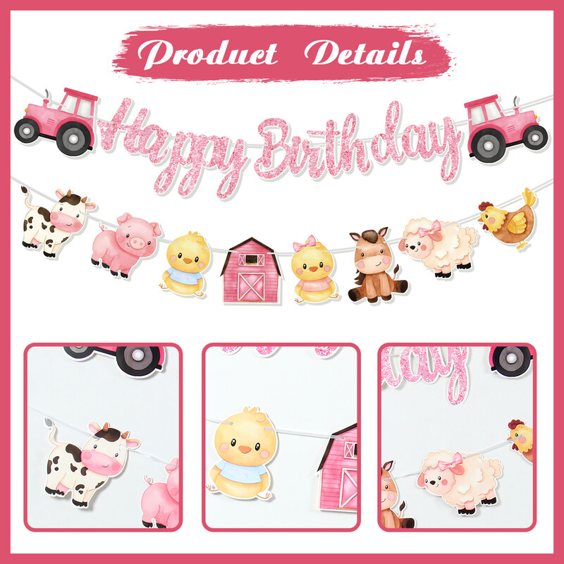 Ροζ Θέμα Ζώα Φάρμας Χρόνια Πολλά με γράμματα Πανό Τραβήξτε σημαία για την ημέρα των παιδιών Διακόσμηση ντους μωρού Αχυρώνας Ανεμόμυλος Ζώο