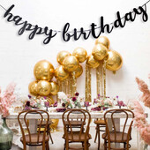 Fekete Happy Birthday zászló, csillogó fekete Happy Birthday logó, születésnapi party dekoráció