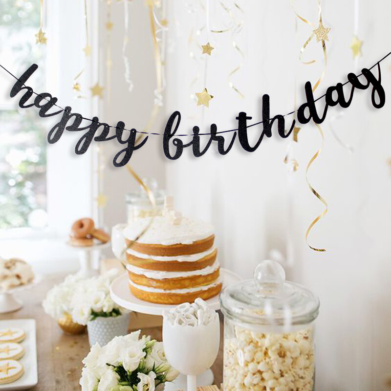Fekete Happy Birthday zászló, csillogó fekete Happy Birthday logó, születésnapi party dekoráció