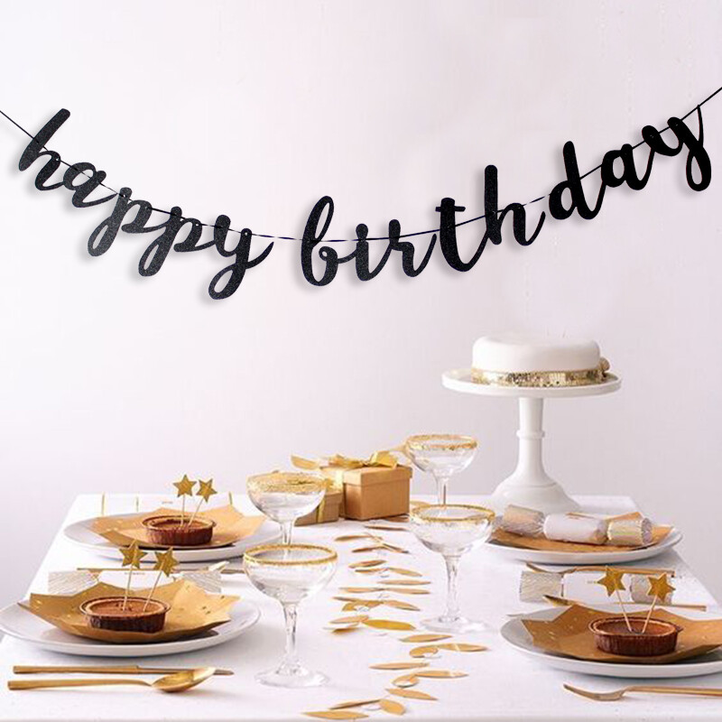 Fekete Happy Birthday zászló, csillogó fekete Happy Birthday logó, születésnapi party dekoráció