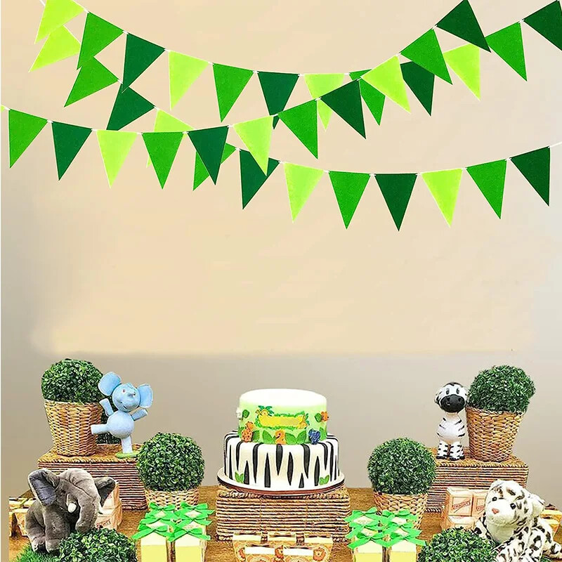 Zöld szafari dzsungel születésnapi trópusi parti Filc sármány zászlók háromszög zászlók Függő szövet Füzér zászlós kerti díszek