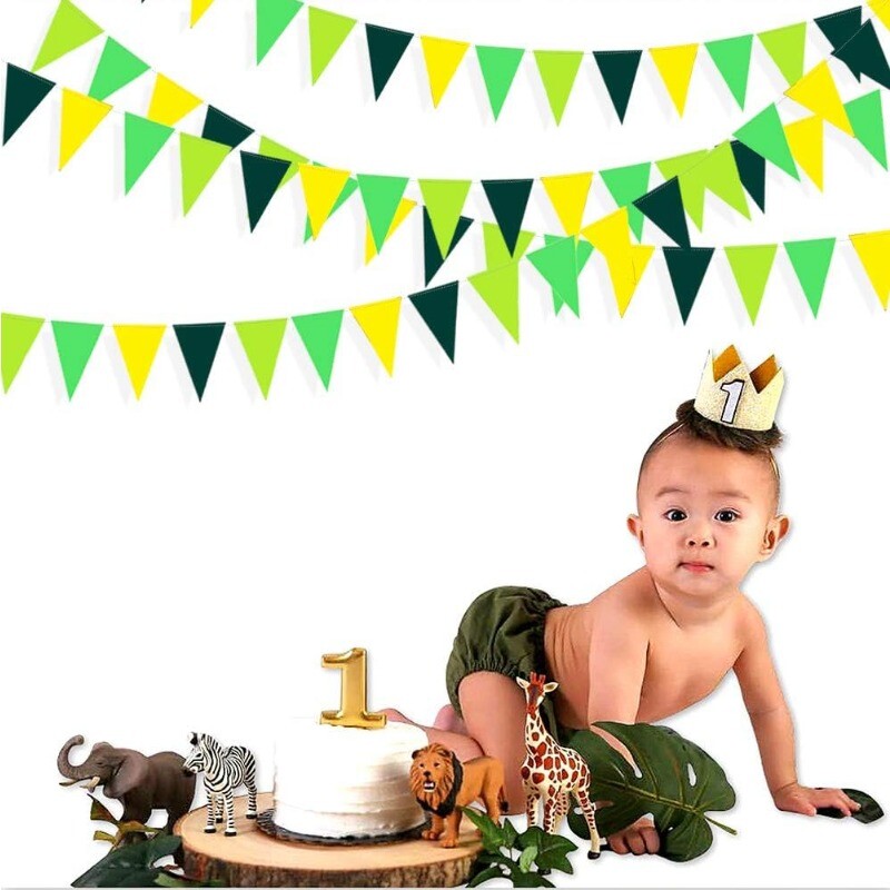 Sárga-zöld dinoszaurusz-díszek Háromszög zászlós zászlók Függő papírsármány nyári vad születésnapi parti zászlókhoz