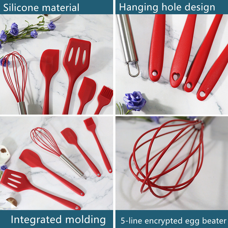 Penkių dalių silikoninis kepimo įrankių rinkinys, atsparus aukštai temperatūrai dideli ir maži sviesto grandikliai, alyvos šepetėlis kiaušinių plaktuvo nesandarus kastuvas